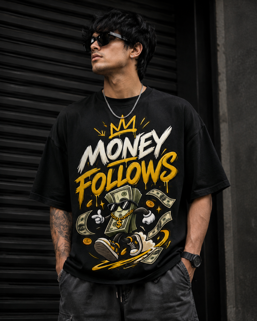 Money Follows oversized graphic T-shirt for men – premium 240 GSM drop shoulder streetwear tee