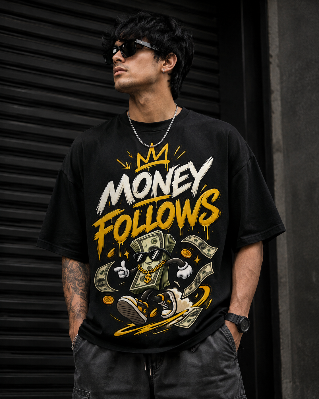 Money Follows oversized graphic T-shirt for men – premium 240 GSM drop shoulder streetwear tee