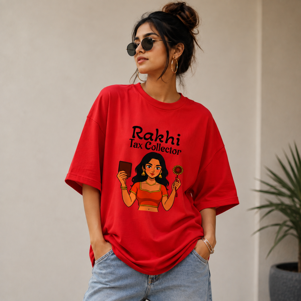 Rakhi Tax Collector oversized graphic T-shirt for women – premium drop shoulder festive tee