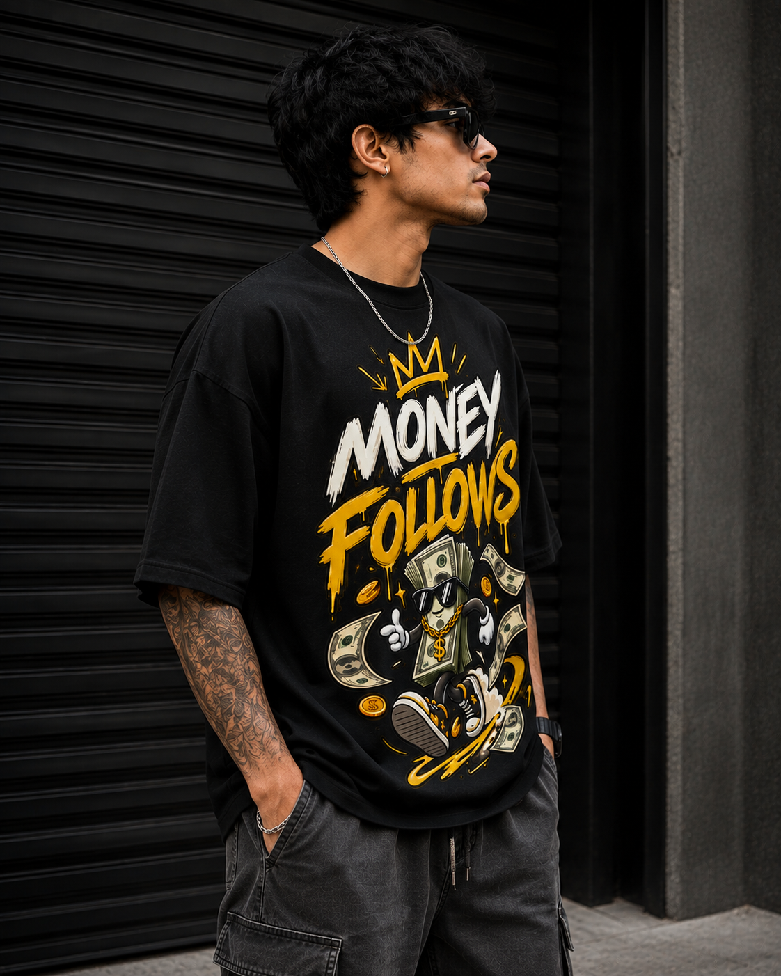 Money Follows oversized graphic T-shirt for men – premium 240 GSM drop shoulder streetwear tee - Image 2