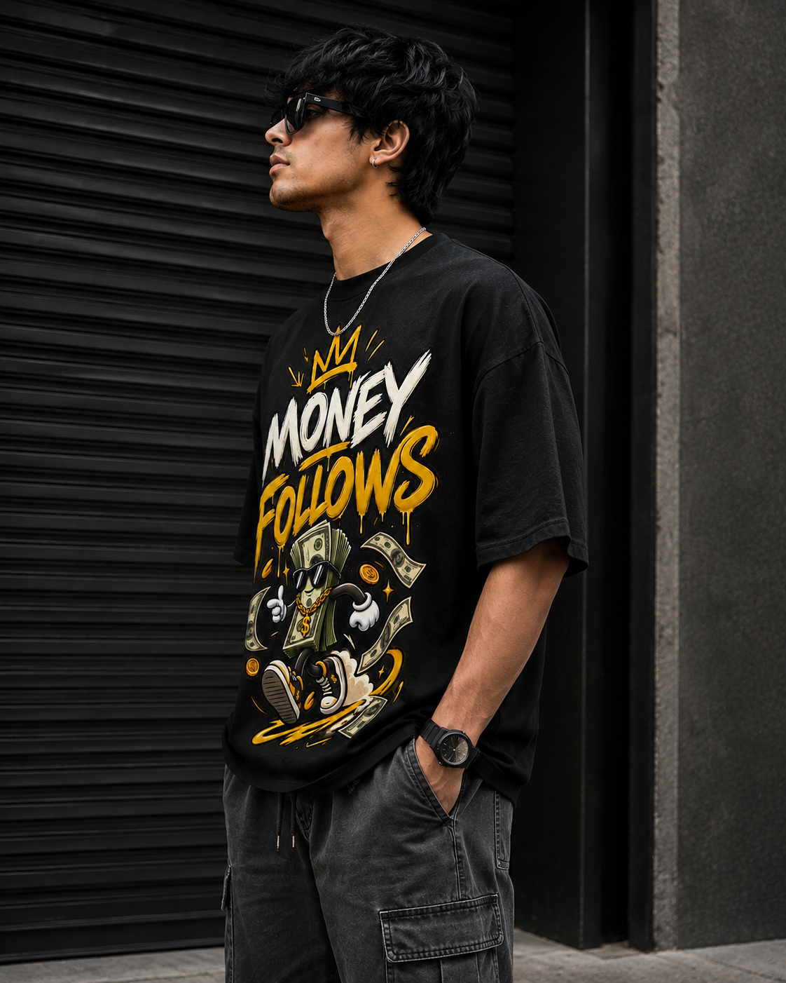 Money Follows oversized graphic T-shirt for men – premium 240 GSM drop shoulder streetwear tee - Image 3